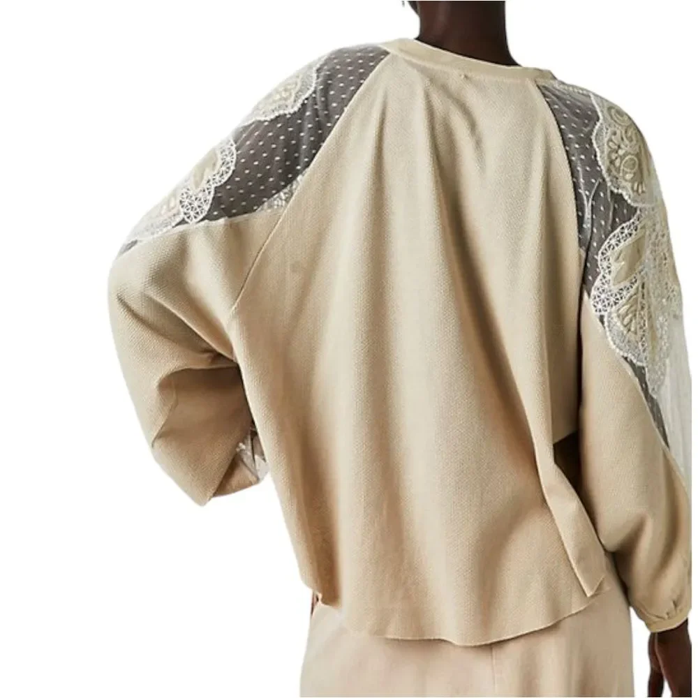 Free People Toni Boho Tunic Beige Lace Thermal Flowy Oversized Top Size Small